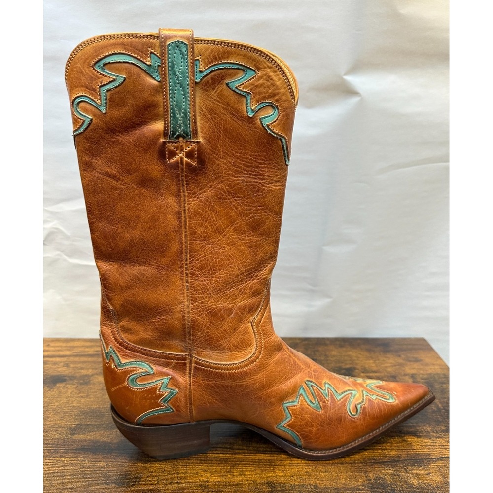 Charlie 1 Horse Tan Leather Turquoise Inlay Embroidered Western Boots Sz 9.5 B - Picture 3 of 16